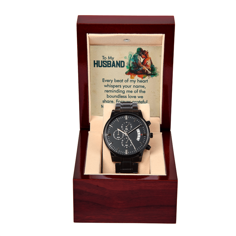 To My Husband, Every Beat Of My Heart - Personalised Black Chronograph Watch