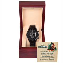 To My Husband, Every Beat Of My Heart - Personalised Black Chronograph Watch