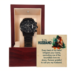To My Husband, Every Beat Of My Heart - Personalised Black Chronograph Watch